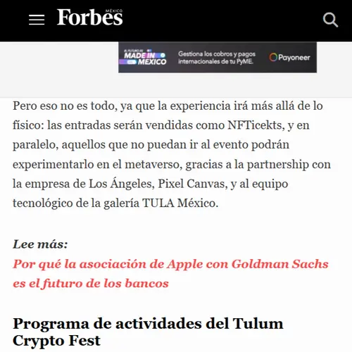 Nota de Forbes México sobre el Tulum Crypto Fest: boletos NFT y evento en el metaverso