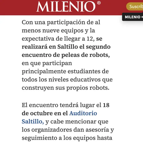 Nota de Milenio: se realizará en Saltillo el segundo encuentro de peleas de robots